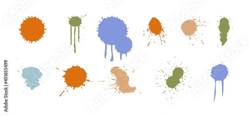 Paint splatter colorful set. Round splash flat collection, decorative shapes liquids. Multicolored strokes of unusual brushes. Set of bright spots. Flat abstract picture isolated on white background
