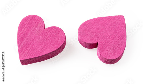 Two pink textured valentine hearts isolated on a white background. Symbol of love, Valentine day, passion and tenderness for holiday, postcard, greeting card and banner. Macro.