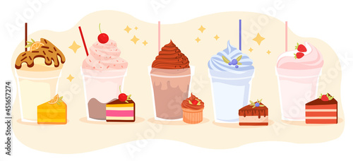 Bubble milk tea. Special product design. Different sorts of coffee with logo of company. Delicious sweet cocktails. Colorful picture with dessert. Flat vector illustration isolated on white background