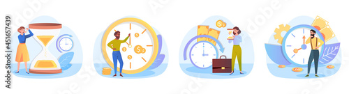 Time for Business. Concept of people using their time right. Organization itself for making money. Man and woman planning their day. Cartoon flat vector illustration isolated on white background