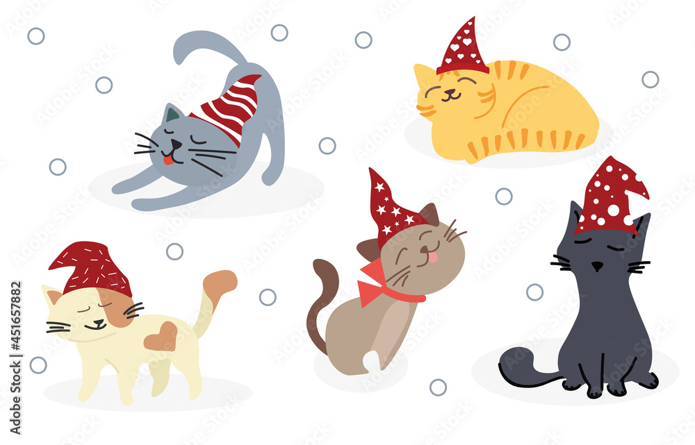 Set of cats. Drawn kittens in New Year hats. Stickers, posters, icons and graphics for websites and pages with pets. Animals in winter. Cartoon flat vector illustration isolated on white background Set of cats. Drawn kittens in New Year hats. Stickers, posters, icons and graphics for websites and pages with pets. Animals in winter. Cartoon flat vector illustration isolated on white background