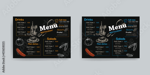 Restaurant food menu design, food cooking vintage template, doodle breakfast and diner cafe flyer. Vector menu card poster vintage design template