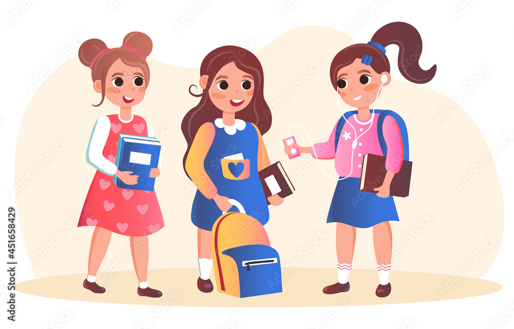 Children going to school. Girls stand and talk. Students discuss what they heard in class. Teenagers with books in their hands go to class. Flat vector illustration isolated on white background