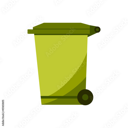 Recycle bin for trash and garbage. Street plastic wheelie waste bin. Rubbish container. Green color icon of dumpster isolated on white background