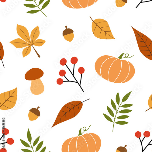 Autumn pattern on a white background. Vector background with leaves  mushrooms  berries and pumpkins. Perfect for fabric  wallpaper  notebooks  wrapping paper  scrapbooking