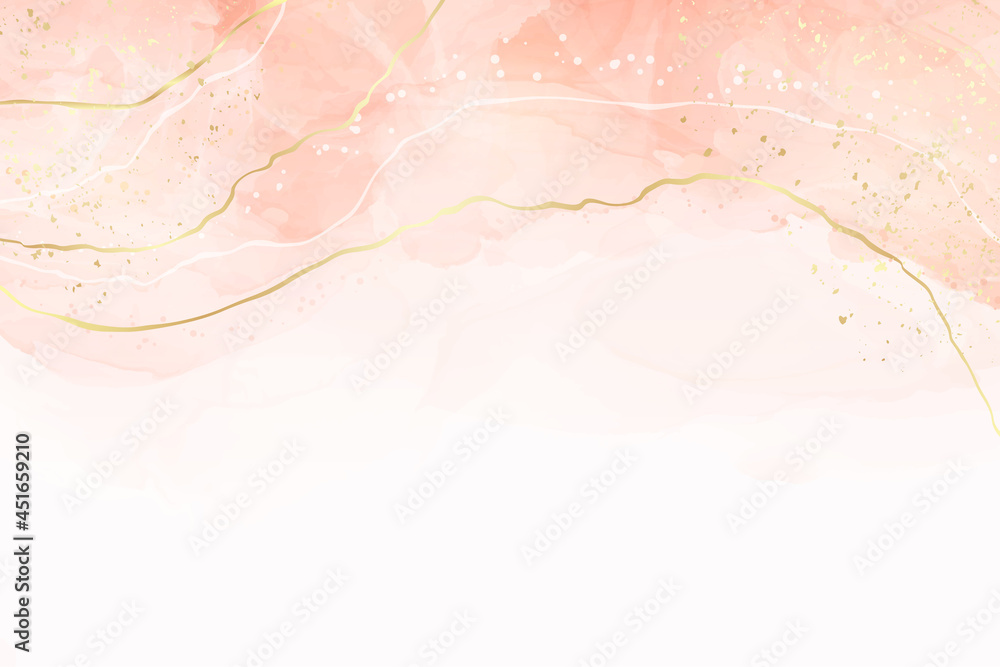 Abstract dusty blush liquid watercolor background with golden cracks. Pastel pink marble alcohol ink drawing effect. Vector illustration design template for wedding invitation Abstract dusty blush liquid watercolor background with golden cracks. Pastel pink marble alcohol ink drawing effect. Vector illustration design template for wedding invitation