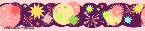 Festive background. Seamless picture. Space. Bright flashes of fireworks in a symbolic style. Petard and squib. Flat design. Cartoon style. Vector