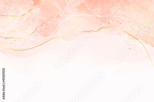 Abstract dusty blush liquid watercolor background with golden cracks. Pastel pink marble alcohol ink drawing effect. Vector illustration design template for wedding invitation