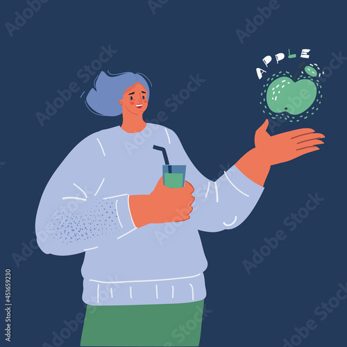 Vector illustration of happy woman with a glass of green apple smoothie in her hand over dark backround.
