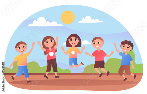 Kids jump up. Group of children are happy to walk on fresh air. Teenagers laugh and play together after class. Beautiful summer day. Cartoon flat vector illustration isolated on white background