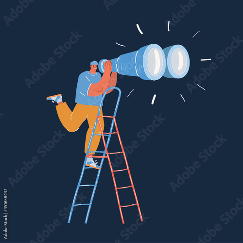 Vector illustration of man with big binocular standing on stepladder