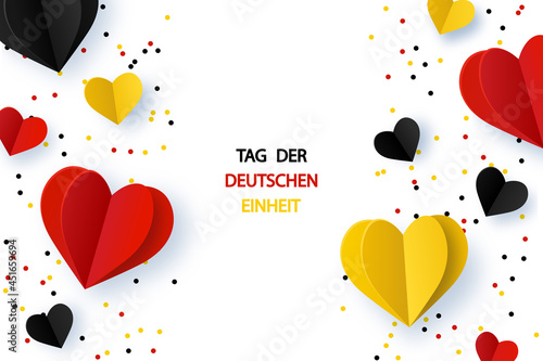German Unity day - Tag der Deutschen Einheit. October 3rd. Background with Germany flags in heart shape and confetti. Vector template for banner, typography poster, flyer, greeting card.