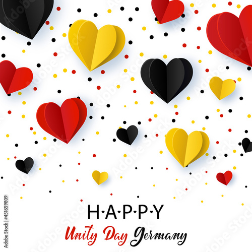 Happy Unity day Germany. October 3rd. Background with Germany flags in heart shape and confetti. Vector template for banner, typography poster, flyer, greeting card.