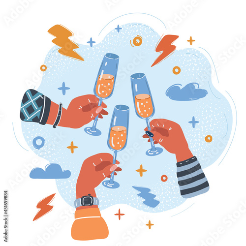 Vector illustration of Champagne toast. Three hands with glasses of champagne get together
