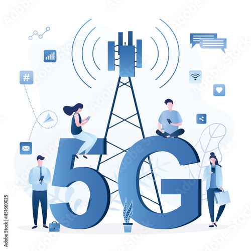 Various people trying to catch 5G internet connection. Young adults with smartphones using wireless internet. Network technology, fast online mobile connection.