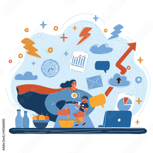 Vector illustration of Super mother with child, cooking, working. Multi super wife