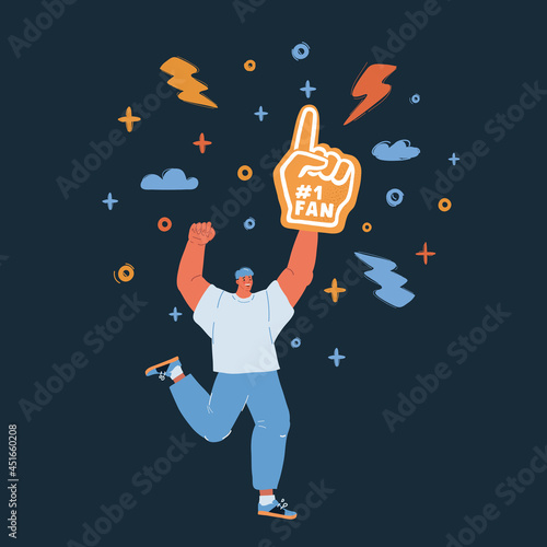Vector illustration of man, fun with foam finger is jumping over dark backround.