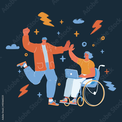 Vector illustration of woman in a wheelchair and a man support each other over dark backround.n