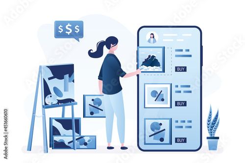 Talented female artist draws pictures and sells them online. Creative woman add various artwork to mobile app. Internet marketplace for art objects trading,