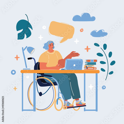 Vector illustration of handicapped woman in wheelchair in a office working at computer