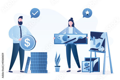 Female artist show new picture, buyer gives dollar coins. Making money at painting pictures. Payment process. Woman painter and male collector.
