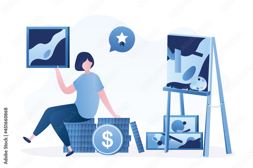 Female artist sitting on money and show new picture. Making money painting pictures. Woman painter, process of creating artwork. Art studio. Female artist sitting on money and show new picture. Making money painting pictures. Woman painter, process of creating artwork. Art studio.