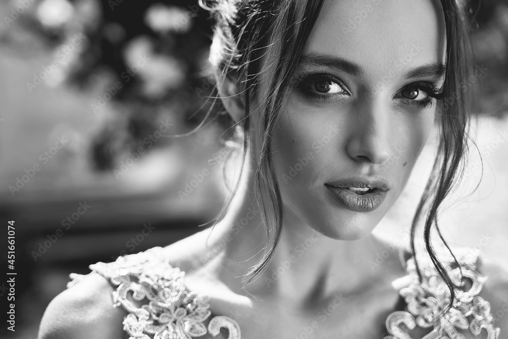 Closeup portrait of beauiful European girls bridesmaid in pink dress