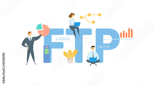 FTP, File Transfer Protocol. Concept with keyword, people and icons. Flat vector illustration. Isolated on white.