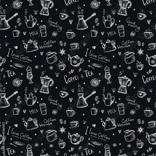 Coffee and tea, doodle seamless pattern. Hand drawing sketch, monochrome texture. Different cups, mugs and coffee pots on black background. Traditional morning drinks and eat.