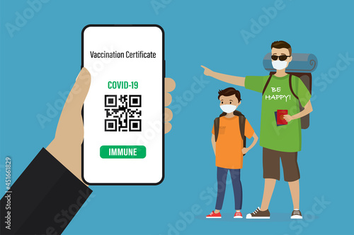 Tourists in protective masks point to mobile phone with digital certificate of vaccination against Covid-19. Big hand holding cellphone with negative PCR test