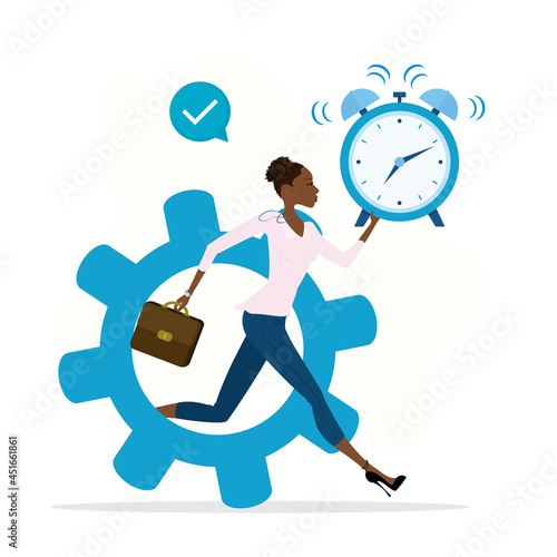 Efficient time. African american businesswoman runs out of big gear. Time management. Confident female manager holds alarm clock in hand. Efficiency in business,