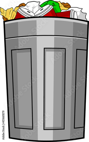 Cartoon Metal Garbage Can With Trash. Vector Hand Drawn Illustration Isolated On Transparent Background