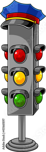 Cartoon Traffic Light With Police Cap. Vector Hand Drawn Illustration Isolated On Transparent Background