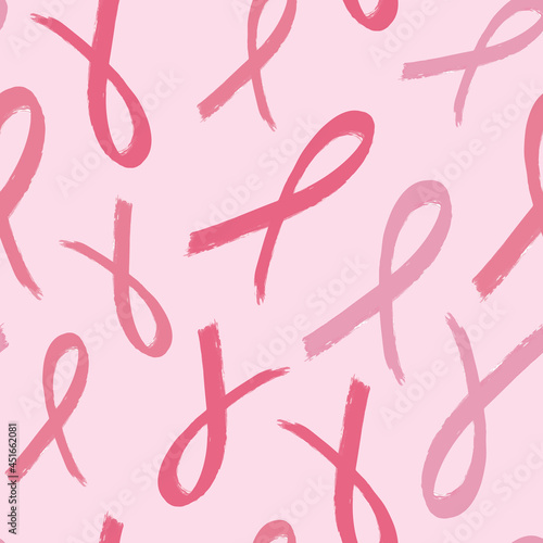 Textured grunge hand drawn pink ribbon seamless pattern background for breast cancer awareness campaign, International day against breast cancer