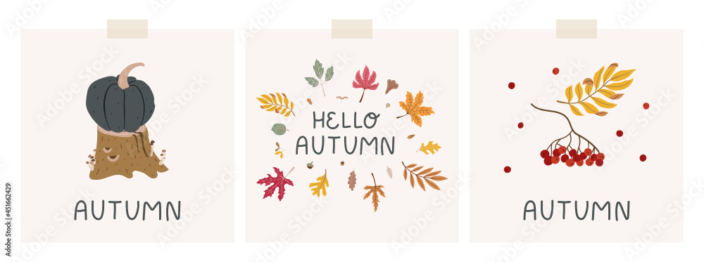 Set of autumn mood cards with doodle drawings. Illustrations of tree stump, pumpkin, fallen colorful leaves, branch of rowan berries. Cute hand-drawn cards, prints.