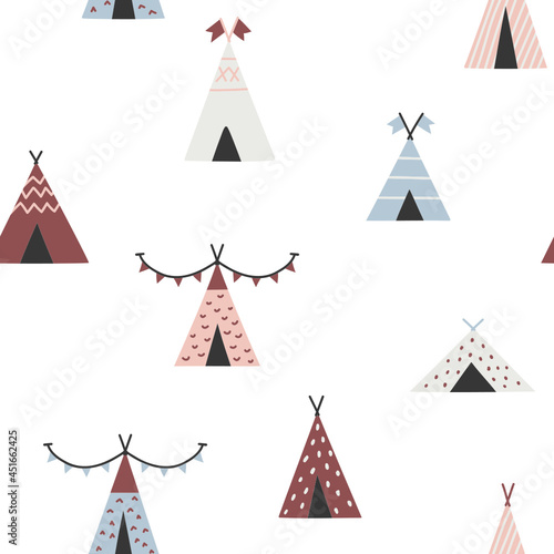 Seamless pattern with doodle children wigwam illustrations. Pastel colors on white background. For prints, backgrounds, wrapping paper, textile, linen, wallpaper, etc. 