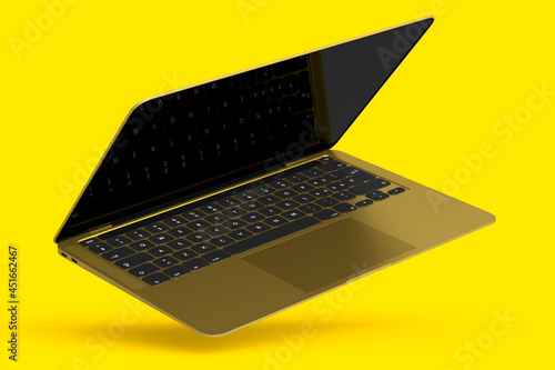 Realistic aluminum laptop with empty white screen isolated on yellow background.