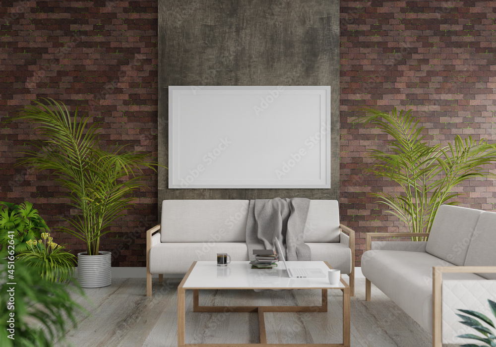 3D Mockup photo frame in Modern interior of living room 3D Mockup photo frame in Modern interior of living room