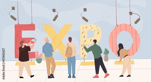 Vector cartoon flat characters at big text lettering 'expo'.Different people watch,exam huge word letters, abstract modern art illustration concept for web banner,site,flyer,invitation,advertising
