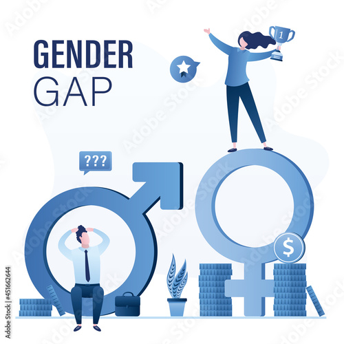 Gender gap, discrimination. Inequality in work. Colleagues with pay gap. Advantage for business woman over businessman on career ladder.