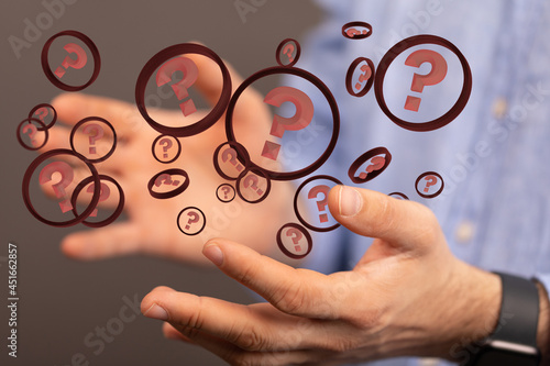 Businessman solving problem with digital question marks 3D rendering