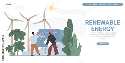 Vector cartoon flat characters-exhibitor and visitor at renewable energy expo.Exhibition worker explain,show solar panels and wind turbines to rich arabic businessmen,web online landing page template