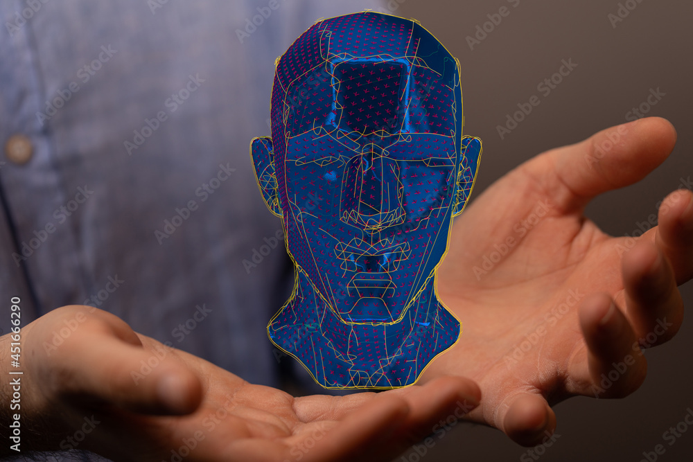 Abstract polygonal human face, 3d illustration of a cyborg head construction