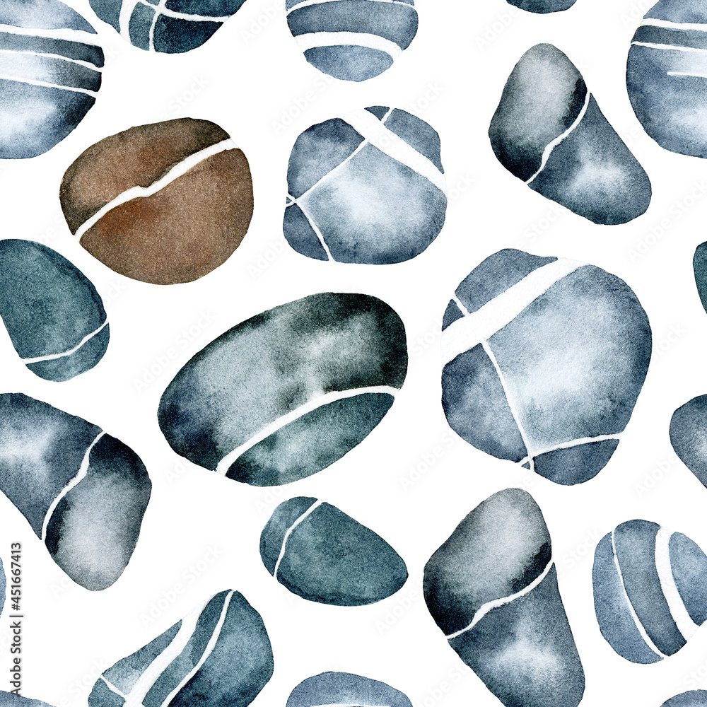 watercolor seamless pattern with river pebbles. oval smooth stones of gray-blue color with white veins, stripes. isolated on white background. simple print of the seabed, the bottom of the river watercolor seamless pattern with river pebbles. oval smooth stones of gray-blue color with white veins, stripes. isolated on white background. simple print of the seabed, the bottom of the river