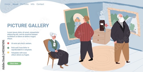 Vector cartoon flat characters-visitors and staff at art gallery.Different people watching,examining pictures and artworks in artistic museum hall at exhibition,web online landing page concept