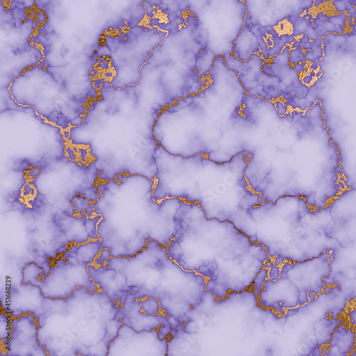 Realistic purple marble background design with gold glitter texture. Digital illustration.