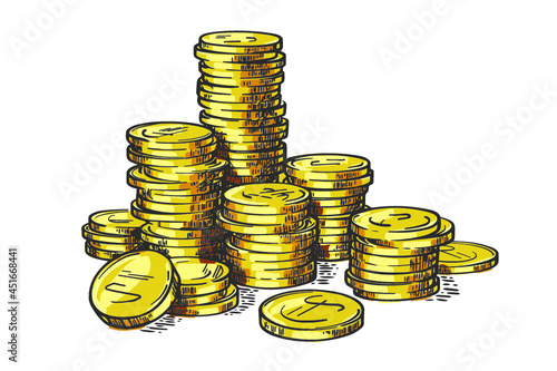 Stacks of gold coins isolated on white background. Money. Vector hand drawn vintage engraving illustration.