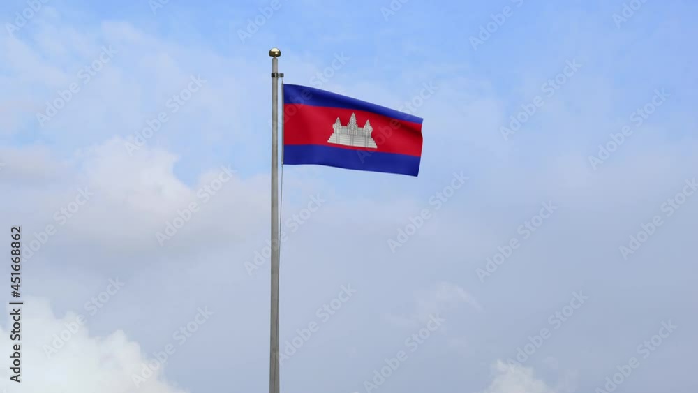 3D, Cambodian flag waving on wind with blue sky. Close up Cambodia banner blowing, soft and smooth silk. Cloth fabric texture ensign background. National day and country occasions concept.-Dan 3D, Cambodian flag waving on wind with blue sky. Close up Cambodia banner blowing, soft and smooth silk. Cloth fabric texture ensign background. National day and country occasions concept.-Dan