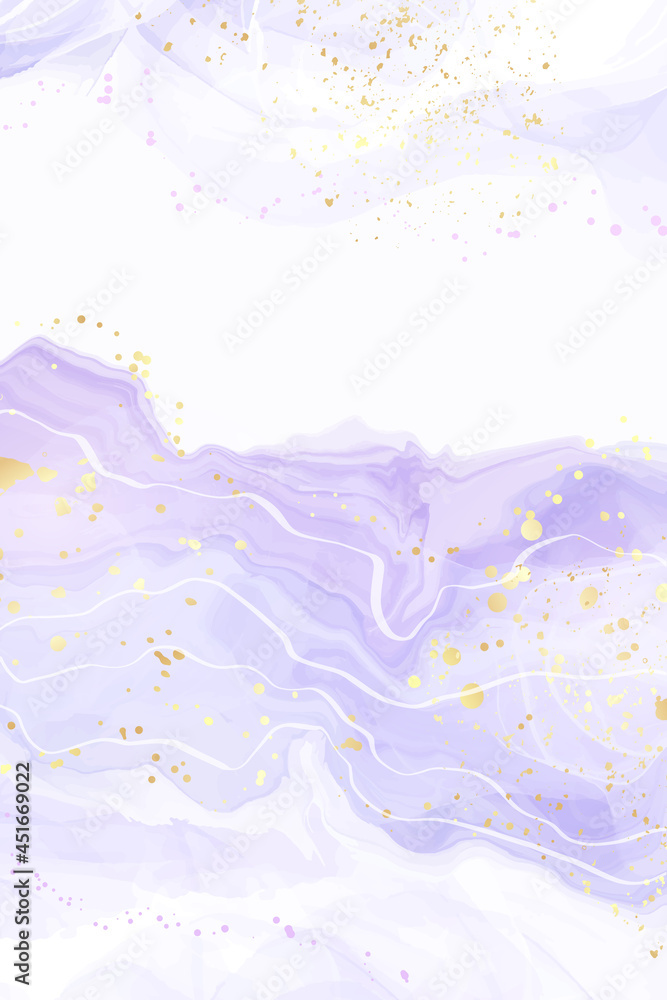 Abstract luxury lavender liquid watercolor background with golden stains. Pastel violet marble alcohol ink drawing effect. Vector illustration design template for wedding invitation