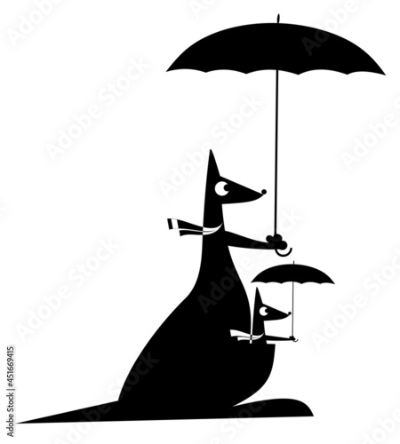 Cartoon kangaroo with a baby in the marsupium illustration. 
Funny kangaroo and its baby with umbrellas black on white
 photo